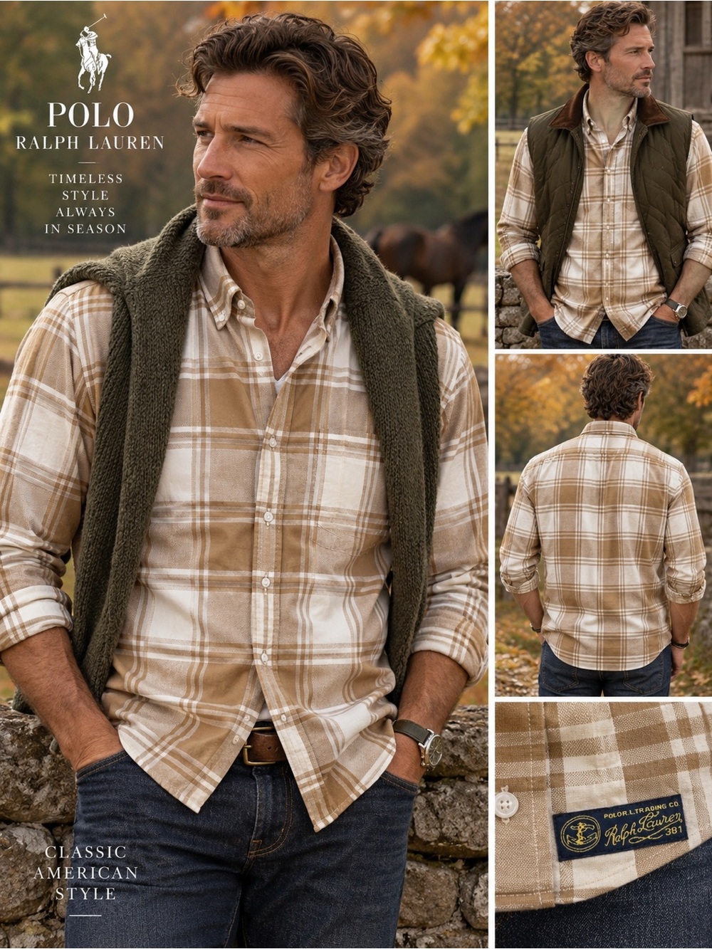 Polo Ralph Lauren Custom Fit L Tan Cream Plaid Button Down Shirt Preppy